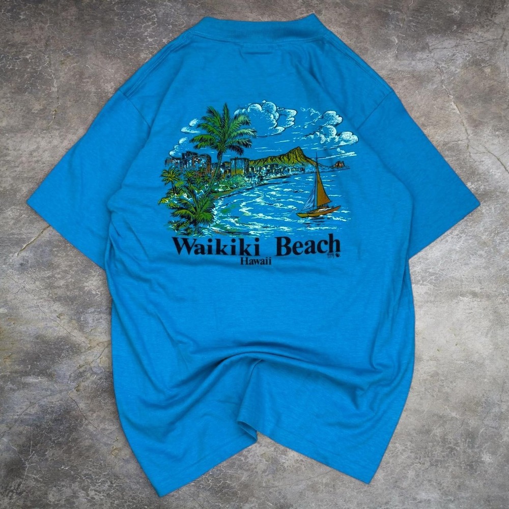 Vintage Hawaii Waikiki Beach Blue Graphic Tee Adult Size Medium Made In USA 80s